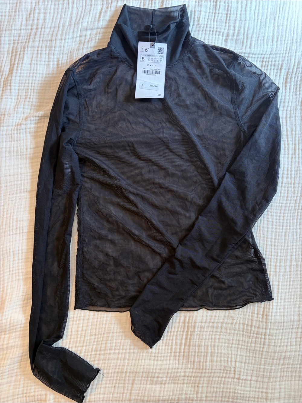 Zara Black Sheer Long-Sleeve Mock Neck Top